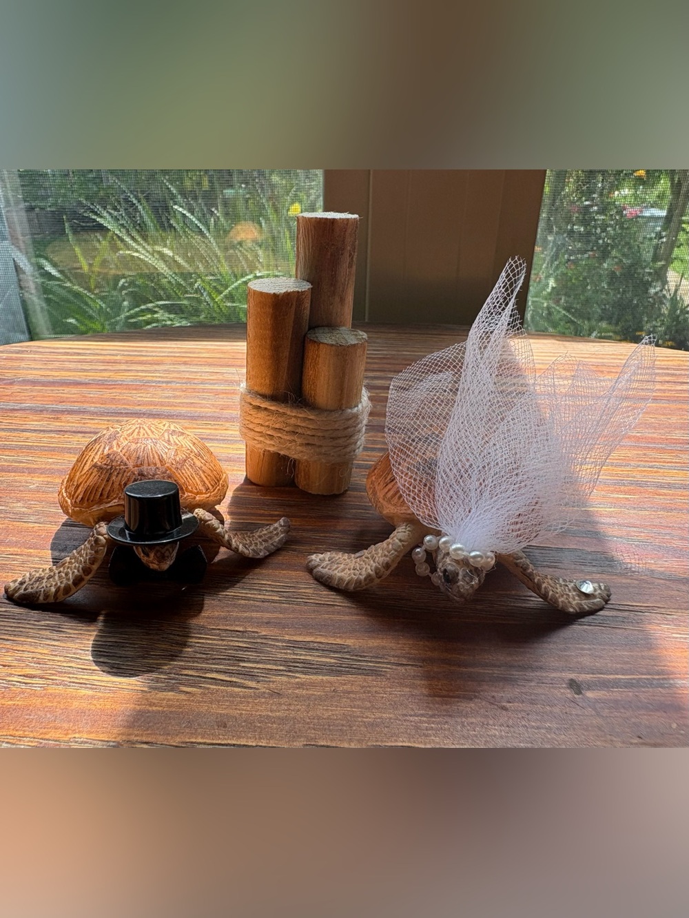 Wedding cake topper set- Rustic Wooden beach theme, sea turtle Decor with Twine